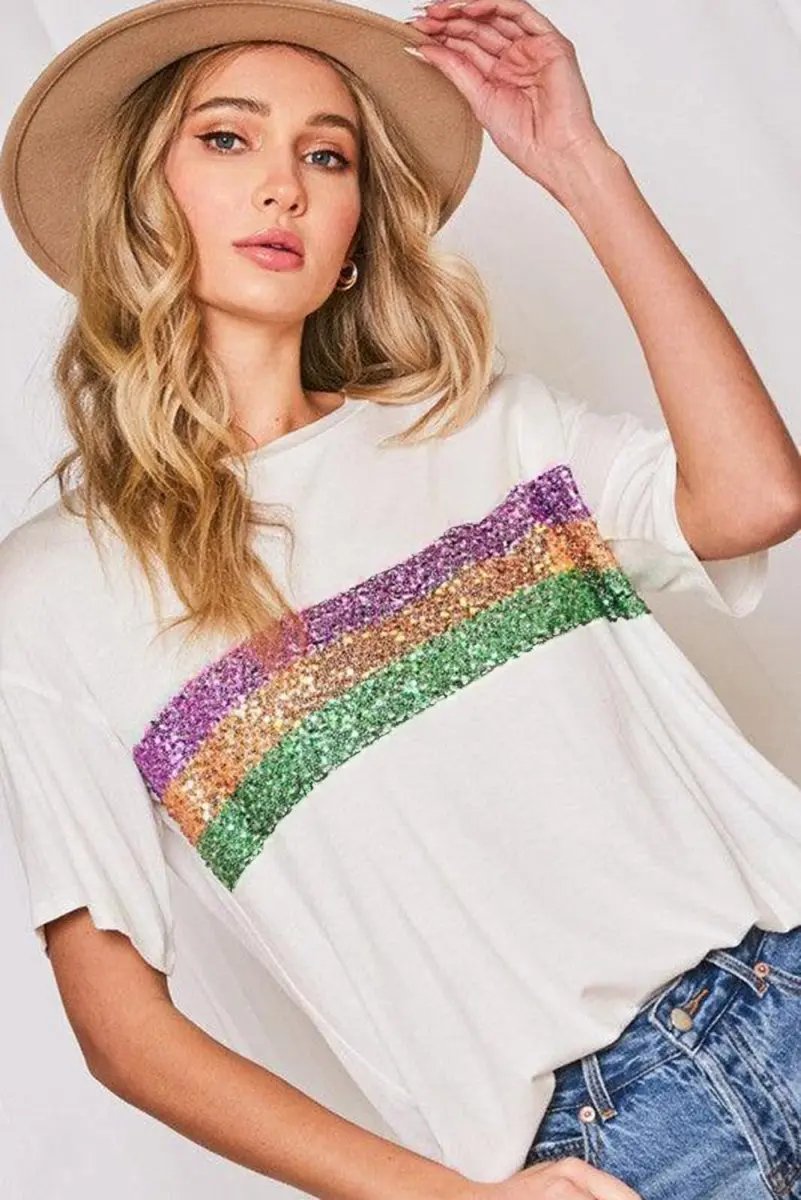 White Sequin Stripes Patchwork Mardi Gras Crew Neck T Shirt - Love Salve